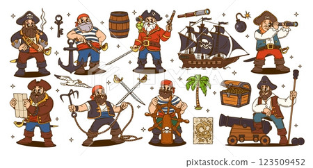 Retro groovy pirate corsair characters set with cartoon sea ship, treasure map and chest. Vector groovy hippie pirate captains, corsairs and sailors wearing hats and costumes with swords and guns 123509452