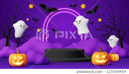 Kids Halloween podium. 3d vector platform featuring playful ghosts, glowing jack lanterns and bats flying over purple backdrop, surrounded by stars, clouds and bare trees, enhanced by a lit neon arch Kids Halloween podium. 3d vector platform featuring playful ghosts, glowing jack lanterns and bats flying over purple backdrop, surrounded by stars, clouds and bare trees, enhanced by a lit neon arch 123509454