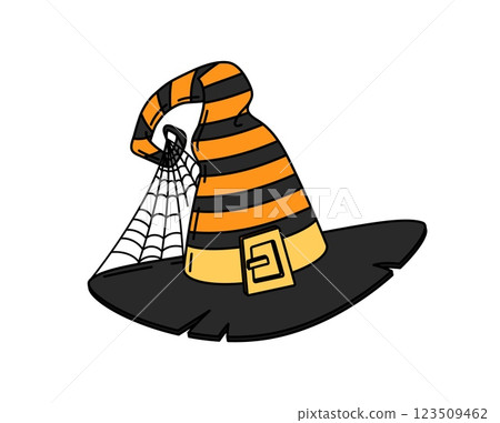 Halloween witch hat with spiderweb for horror holiday party, vector groovy cartoon symbol. Halloween witch hat of spooky hex or evil hag fairy with cobweb, stripes and buckle for spooky holiday symbol 123509462