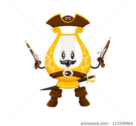 Cartoon groovy musical instrument pirate or harp corsair, vector character. Groovy harp as Caribbean pirate captain in tricorn hat with funny face and pistol gun for music instrument cartoon character 123509464