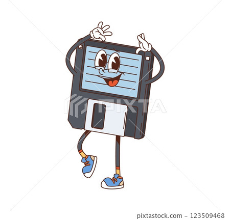Cartoon groovy computer diskette retro character. Isolated vector vintage anthropomorphic floppy disk personage with happy face, wearing sneakers, standing with a cheerful pose and nostalgic y2k vibe Cartoon groovy computer diskette retro character. Isolated vector vintage anthropomorphic floppy disk personage with happy face, wearing sneakers, standing with a cheerful pose and nostalgic y2k vibe 123509468