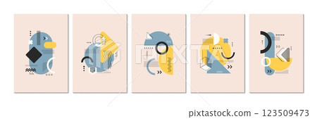 Abstract geometric Memphis posters with graphic shapes and elements. Vector modern card templates with soft, pastel colors, simple shapes and patterns in style of 80s, exude trendy eclectic aesthetic Abstract geometric Memphis posters with graphic shapes and elements. Vector modern card templates with soft, pastel colors, simple shapes and patterns in style of 80s, exude trendy eclectic aesthetic 123509473