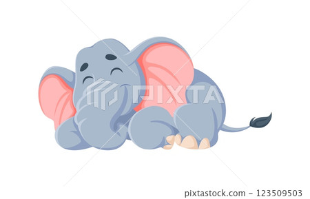Cartoon funny elephant character peacefully sleeping with a smile on its face. Isolated vector cute adorable baby elephant with relaxed pose and happy expression create a warm and comforting mood Cartoon funny elephant character peacefully sleeping with a smile on its face. Isolated vector cute adorable baby elephant with relaxed pose and happy expression create a warm and comforting mood 123509503