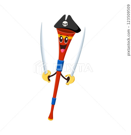 Cartoon groovy musical instrument pirate or corsair character, vector reed pipe. Groovy musical pipe as Caribbean pirate in captain tricorne hat with crossbones skull and saber swords with funny face 123509509