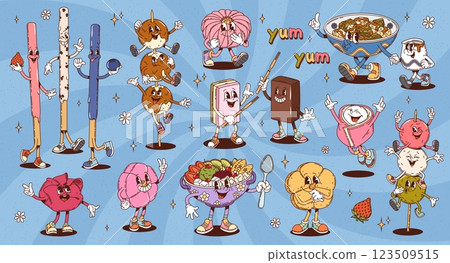 Cartoon groovy japanese cuisine dessert food characters. Retro psychedelic asian wagashi sweets vector personages. Groovy mochi cakes, biscuit sticks and matcha jelly, rice dumpling dango, yokan candy Cartoon groovy japanese cuisine dessert food characters. Retro psychedelic asian wagashi sweets vector personages. Groovy mochi cakes, biscuit sticks and matcha jelly, rice dumpling dango, yokan candy 123509515