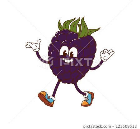 Cartoon groovy blackberry berry happy character. Farm orchard ripe berry groovy happy mascot. Forest fresh blackberry cartoon isolated vector cute personage, garden harvest vintage cheerful character Cartoon groovy blackberry berry happy character. Farm orchard ripe berry groovy happy mascot. Forest fresh blackberry cartoon isolated vector cute personage, garden harvest vintage cheerful character 123509518