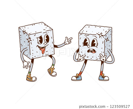 Sugar cube groovy happy characters. Pastry or tea glucose cubes, white sugar blocks vintage groovy isolated vector cheerful personages. Two pieces of sugar isolated cartoon happy mascots making jokes Sugar cube groovy happy characters. Pastry or tea glucose cubes, white sugar blocks vintage groovy isolated vector cheerful personages. Two pieces of sugar isolated cartoon happy mascots making jokes 123509527