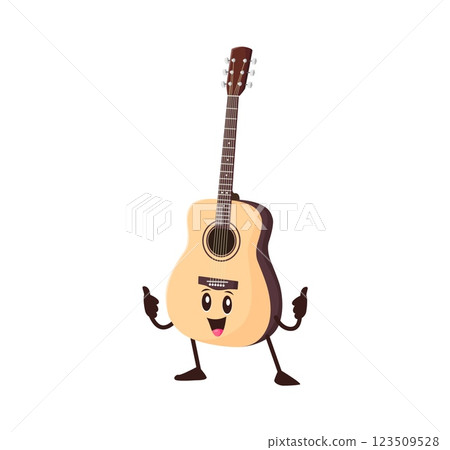 Cartoon funny acoustic guitar musical string instrument character. Isolated vector personage with smiling face showing thumbs up. Educational music classes for kids, festival, musician equipment store Cartoon funny acoustic guitar musical string instrument character. Isolated vector personage with smiling face showing thumbs up. Educational music classes for kids, festival, musician equipment store 123509528