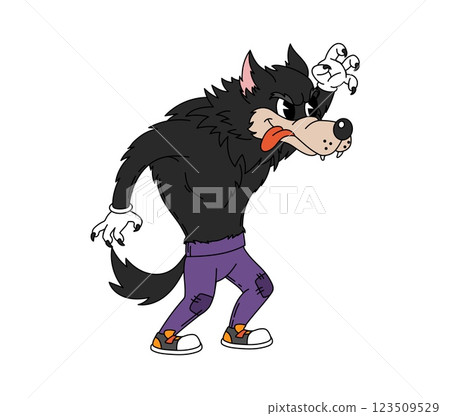 Cartoon groovy Halloween werewolf character in purple pants and hippie sneakers. Isolated vector holiday animal personage, creepy and eerie wolf monster, spooky fantasy beast predator with retro vibe 123509529