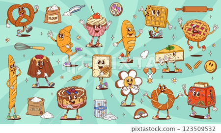 Groovy bakery and desserts characters. Cartoon vector bread, pastries, waffle, pretzel, croissant and cupcake. Pie, baguette, cake, toast, cheesecake, cinnamon roll and bagel baking food personages 123509532