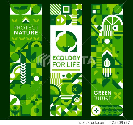 Save nature environment banners with green geometric shapes. Ecological conservation awareness cards feature plants and sustainability slogans like Protect Nature, Ecology for Life and Green Future 123509537
