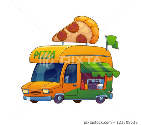 Pizza food truck car, festival street foodtruck van with a giant pizza slice on top. Cartoon vector retro vehicle with a yellow and green colors, open service window with kitchen equipment, and awning 123509538