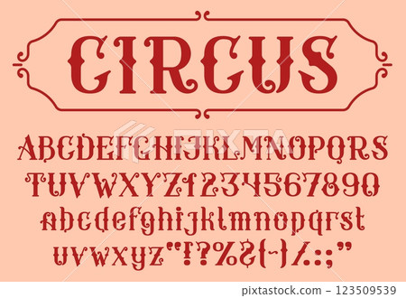 Retro circus font, vintage victorian typeface, antique medieval type, serif script alphabet vector typography. Letters and numbers in frame of victorian flourishes, circus carnival poster font set 123509539