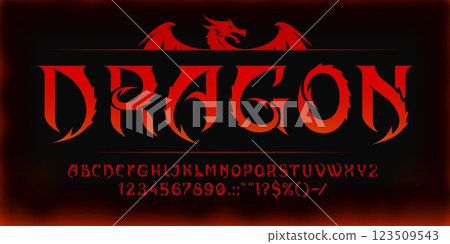 Asian dragon font, oriental chinese and japanese typeface, medieval fantasy type, game english alphabet. Vector typography red letters and numbers with magic dragon spikes, asian tattoo font alphabet 123509543