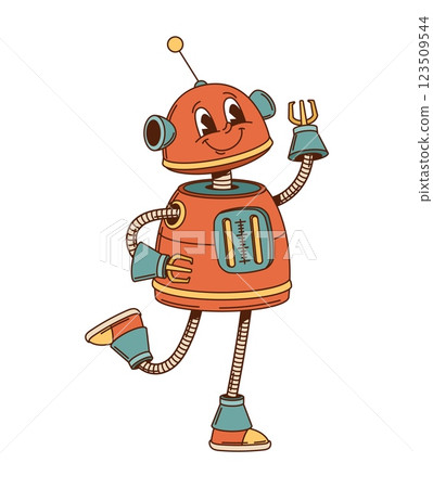 Dancing robot and android groovy funny character. Alien humanoid droid 70s retro cute mascot, chatbot cyborg android isolated vector vintage personage. Artificial intelligence robot cartoon character 123509544