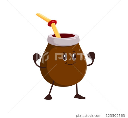 Mate tea calabash drink groovy funny character. Argentina yerba leaf beverage calabash retro groovy personage, South America herbal tea pot cartoon vector mascot. Mate natural drink funny character 123509563