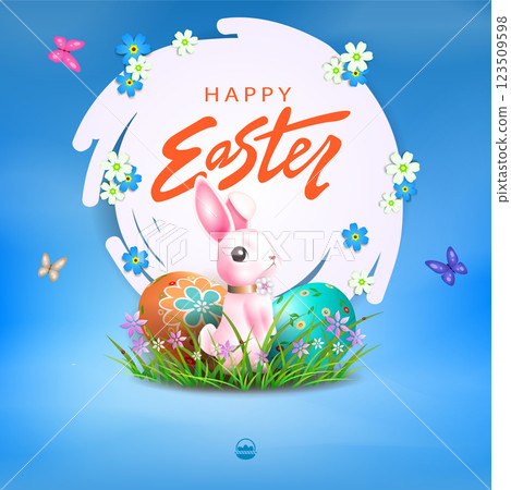 Easter illustration with round abstract frame, cute bunny and eggs 123509598