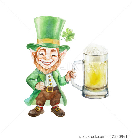 Leprechaun in green top hat standing with glass of beer in hands. Symbol of Saint Patricks Day holiday. Hand drawn watercolor illustration isolated on white. Postcards, invitations, banners, posters. 123509611
