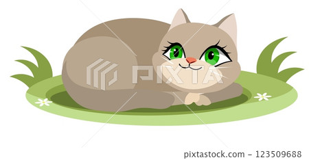 Cute animals. Vector cats. The kitten is lying on the grass. Vector animals collection. Children flat vector illustrations. 123509688