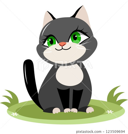 Cute animals. Vector cats. A black kitten is sitting on the grass. Vector animals collection. Children flat vector illustrations. 123509694