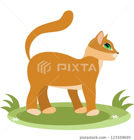 Cute animals. Vector cats. A ginger kitten is standing on the grass. Vector animals collection. Children flat vector illustrations. 123509695