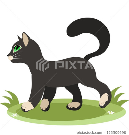 Cute animals. Vector cats. A black kitten walks on the grass. Vector animals collection. Children flat vector illustrations. 123509698