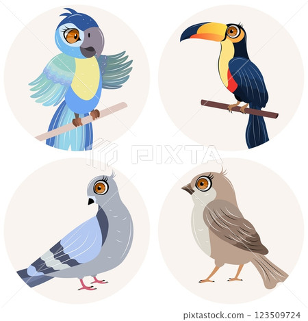 Cute zoo. Vector birds. A set of a parrot, toucan, dove and sparrow. Vector animals collection. Children's flat vector illustrations. Cute zoo. Vector birds. A set of a parrot, toucan, dove and sparrow. Vector animals collection. Children's flat vector illustrations. 123509724