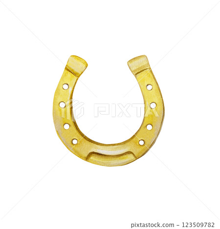 Golden horseshoe. St. Patricks Day holiday element. Hand drawn watercolor illustration isolated on white. For cards, invitations, banners, posters. 123509782