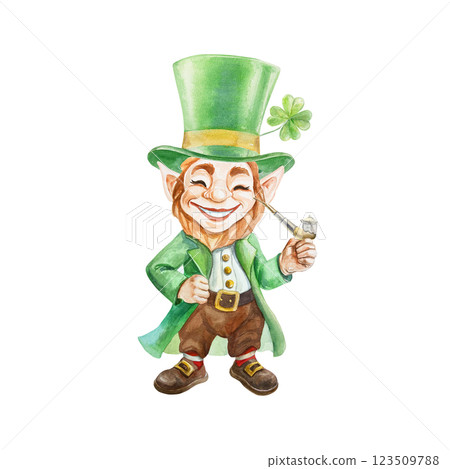 Leprechaun in green top hat standing with smoking pipe in hands. Symbol of Saint Patrick's Day holiday. Hand drawn watercolor illustration isolated on white. Postcards, invitations, banners, posters. Leprechaun in green top hat standing with smoking pipe in hands. Symbol of Saint Patrick's Day holiday. Hand drawn watercolor illustration isolated on white. Postcards, invitations, banners, posters. 123509788