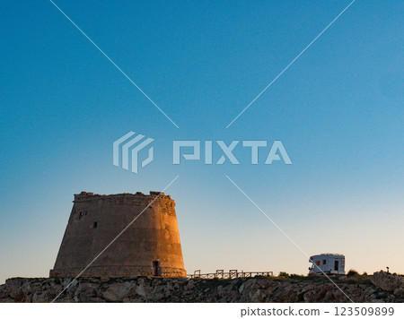Camper at Mesa Roldan tower, Spain 123509899