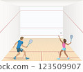 Woman and Man playing Squash Rackets. Indoor sport with ball, racket and playable surfaces of walls of the court. 123509907