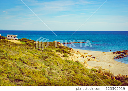 Caravan on beach by Punta Mala, Alcaidesa Spain 123509919