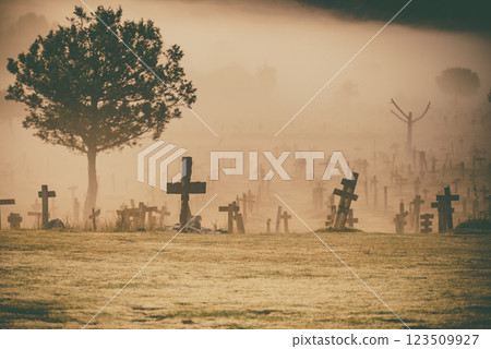 Haze in morning over Sad Hill Cemetery in Burgos, Spain Haze in morning over Sad Hill Cemetery in Burgos, Spain 123509927