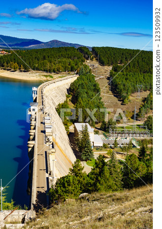 Dam on Embalse de Aguilar de Campoo, Spain. 123509932