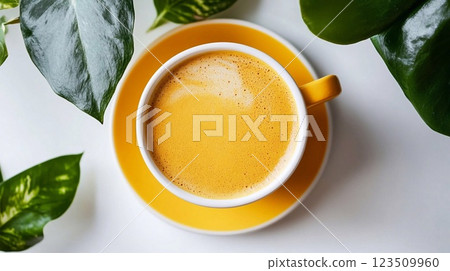 Cup of coffee on a white gray background. Decorated leaves 123509960