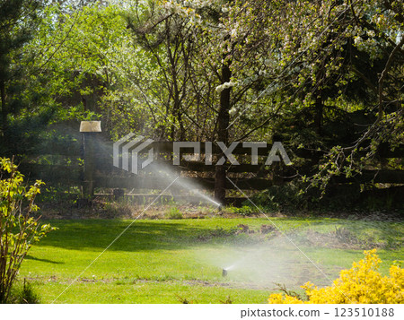 Gardening. Lawn sprinkler spraying water over grass. 123510188
