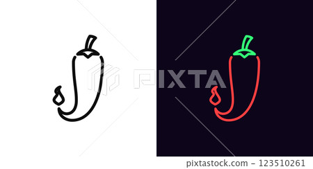 Outline hot pepper icon, with editable stroke. Chili pepper with little fire, spicy food. Jalapeno pepper, extra hot taste, spicy kitchen, paprika spice, chili sauce, fire taste. Vector icon 123510261
