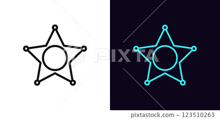 Outline police star icon, with editable stroke. Sheriff badge, police department and officer sign, law star. Wanted star, game pursuit and chasing. Gaming cowboy western, Wild West. Vector icon 123510263