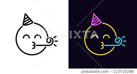 Outline birthday emoji icon, with editable stroke. Festive emoji with cone hat and party blower, birthday celebrate. Happy emoticon with whistle, birthday party, rejoice emotion, holiday mood. Vector Outline birthday emoji icon, with editable stroke. Festive emoji with cone hat and party blower, birthday celebrate. Happy emoticon with whistle, birthday party, rejoice emotion, holiday mood. Vector 123510266