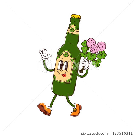 Cartoon green groovy beer bottle character carrying lush clover bouquet, saint Patrick day holiday retro personage in hippie shoes. Isolated vector glass flask with traditional foamy Irish ale drink 123510311
