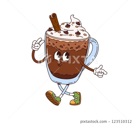 Cartoon groovy hot chocolate dessert character. Isolated vector transparent glass mug or cup retro personage happily singing or whistling, topped with a whipped cream, and wearing hippie y2k sneakers 123510312