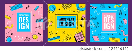 Memphis square cover backgrounds with abstract modern graphic pattern of vector geometric shapes, wave lines, arrows, dots and curves. Trendy geometric memphis pattern cover templates set 123510313