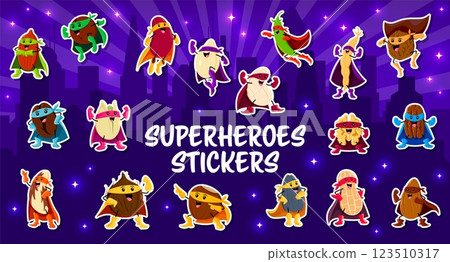 Cartoon superhero nut and legume characters stickers pack. Vector fun and playful pecan, peanut, pistachio and cashew, almond, chestnut, pumpkin and sunflower seeds comic personages in dynamic poses 123510317
