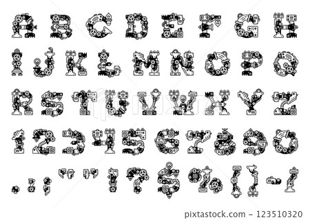 Steampunk font, machine gear typeface, mechanic type, english alphabet letters and numbers with vector thin line mechanical parts, pipes, screws and cogwheels. Steam punk alphabet font typography set Steampunk font, machine gear typeface, mechanic type, english alphabet letters and numbers with vector thin line mechanical parts, pipes, screws and cogwheels. Steam punk alphabet font typography set 123510320
