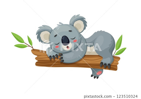 Cartoon funny koala bear character peacefully sleeping on the eucalyptus tree branch. Isolated vector cute tropical animal with fluffy gray fur, embodying adorable charm and relaxed Australian vibes Cartoon funny koala bear character peacefully sleeping on the eucalyptus tree branch. Isolated vector cute tropical animal with fluffy gray fur, embodying adorable charm and relaxed Australian vibes 123510324