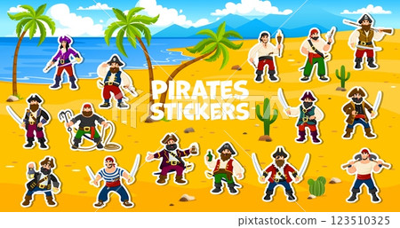 Stickers pack of cartoon pirate and corsair characters. Vector patches with funny rovers. captain, sailor, boatswain and swashbuckler with female pirate queen on secret island beach with palm trees 123510325