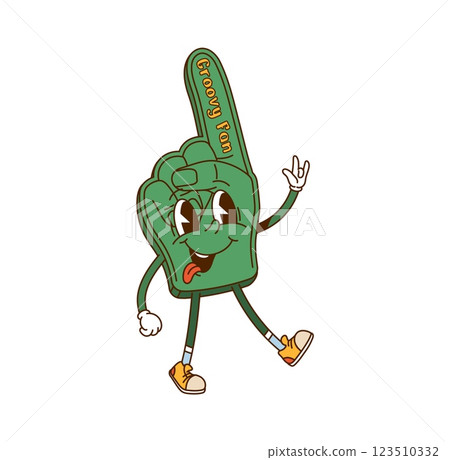Cartoon retro groovy fan glove sport character. Vector green foam finger personage waving its hand with quirky expression, sticking out tongue and nostalgic vibe, exuding excitement and team spirit 123510332