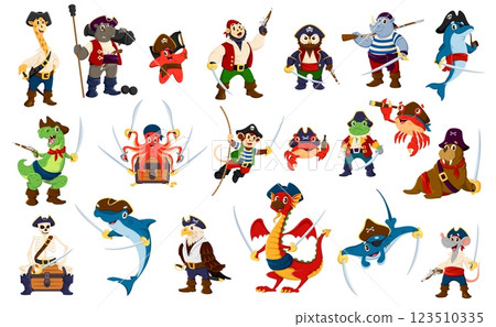 Cartoon animal pirate and corsair characters with sea captain hats, sailor bandanas and costumes. Cute vector personages of monkey, hippo, dino and owl, shark, dolphin and giraffe animal pirates 123510335