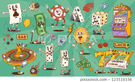 Retro groovy casino gambling cartoon characters of dice and gold coins, vector comic art. Groovy casino roulette or wheel of fortune with poker chips or gamble game jackpot in 70s hippie retro cartoon 123510336