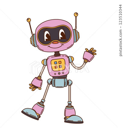 Pink robot and cyborg groovy cheerful character. Chatbot cyborg bot vintage cute character, artificial intelligence android isolated vector groovy character. Alien droid retro mascot waving hand 123510344